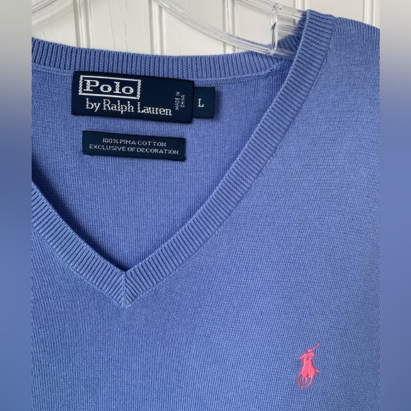 Polo Ralph Lauren V-Neck Men’s (Size Large) Baby Blue with Pink Horse - Picture 2 of 7